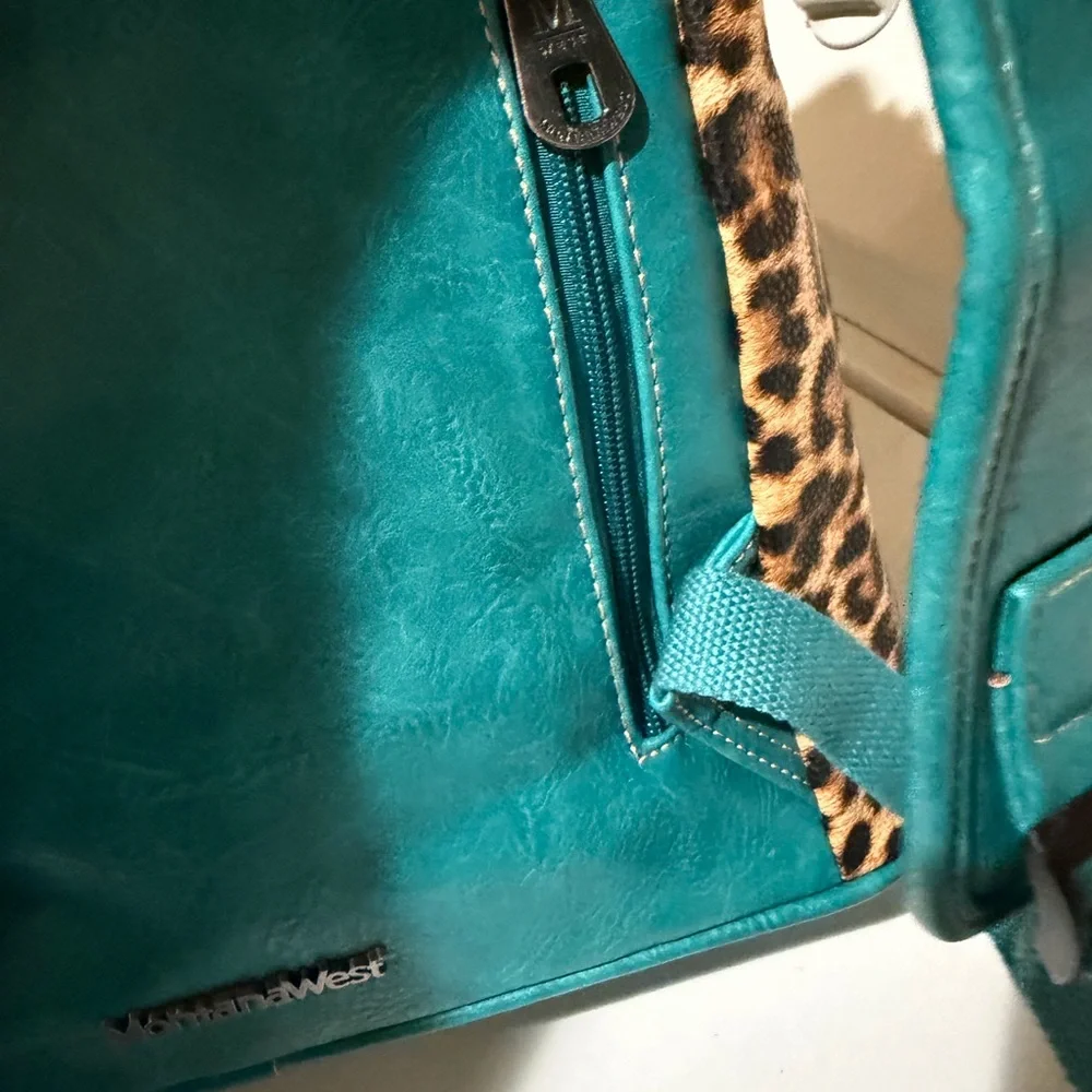 Montana West Turquoise Floral Tooled Leather & Leopard Print Backpack
